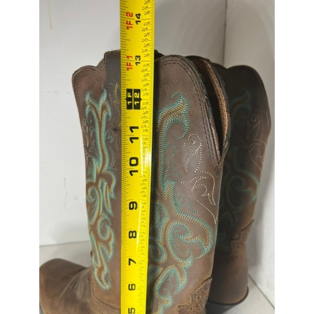 Justin Brown Leather Western Cowboy Boots Teal Embroidery Square Toe 9B - Picture 10 of 10
